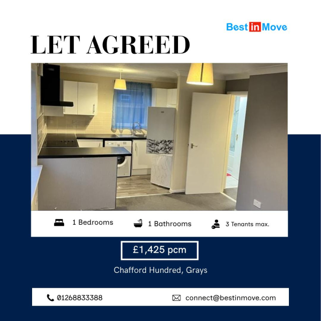 🎉 LET AGREED! 🎉Another happy tenant is moving into this stunning 2-bed flat on Dudley Close, Chafford Hundred! 🏡✨🛏️ 2 Bedrooms
🛁 1 Bathroom
👥 3 Tenants max
📍 Chafford Hundred, Grays, RM16💰 £1,425 pcmProperties like this don't stay on the market long — if you're looking to rent in Chafford Hundred or the wider Grays area, get in touch with our team today! 📞We move fast, and so should you. 🚀📞 01268 833388
📧 connect@bestinmove.com
🌐 www.bestinmove.com#LetAgreed #ChaffordHundred #GraysEssex #RM16 #PropertyToLet #LettingAgent